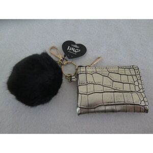 IM Heart Gold Croc Skin Zippered Coin Pouch and Black Fur Clasped Handbag Charm